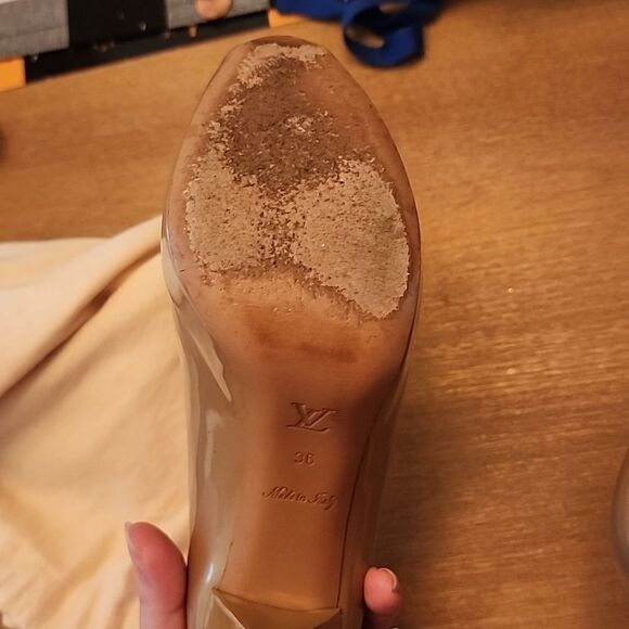 Authentic Louis Vuitton OH Really Tan Nude Peep Toe Pumps Heels Shoes Size 36 - Picture 5 of 10